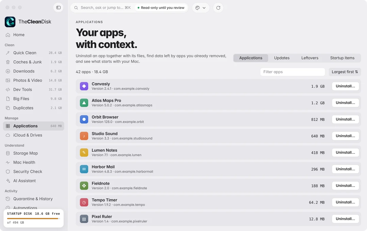 Applications list with uninstall and leftovers.