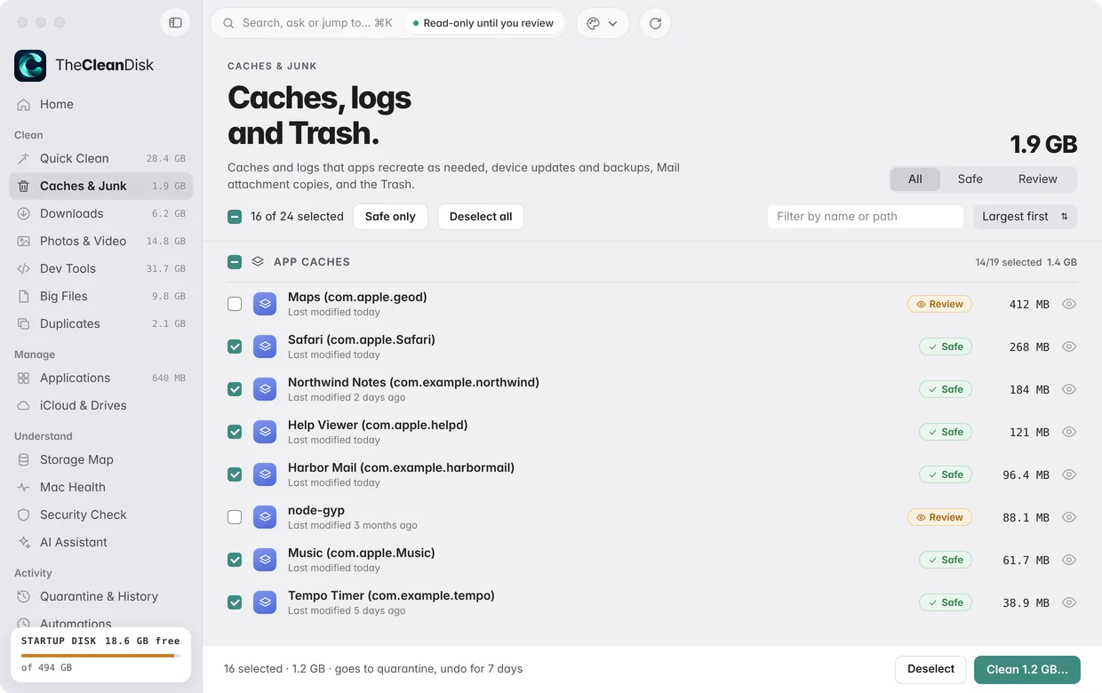 Caches and Junk list with each cache marked Safe or Review.