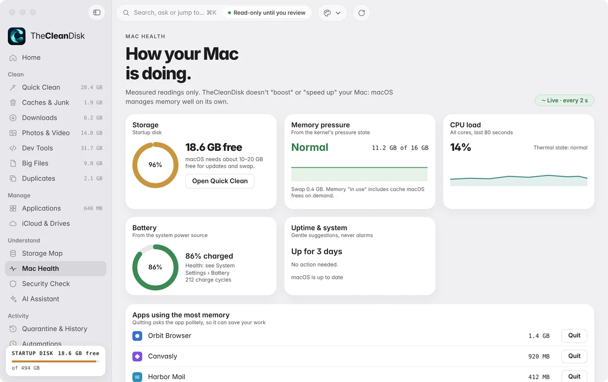 Mac Health with live storage, memory, CPU and battery readings.