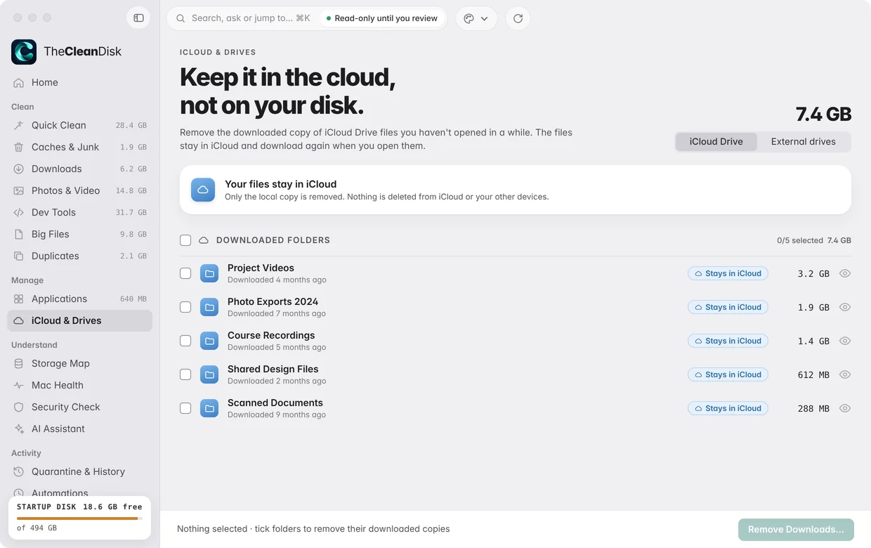 iCloud and Drives screen showing what is downloaded on this Mac.